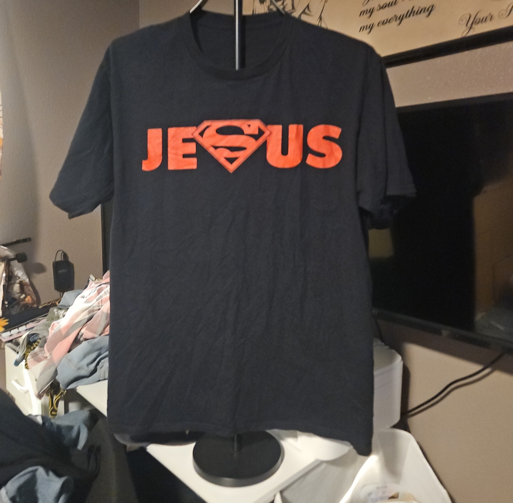 Men's Black Graphic T-Shirt with Red 'JESUS' Logo